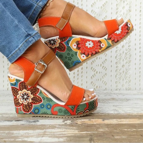 Shoes - Orange Buckle Retro Floral Wedge Platform Heel Shoes
